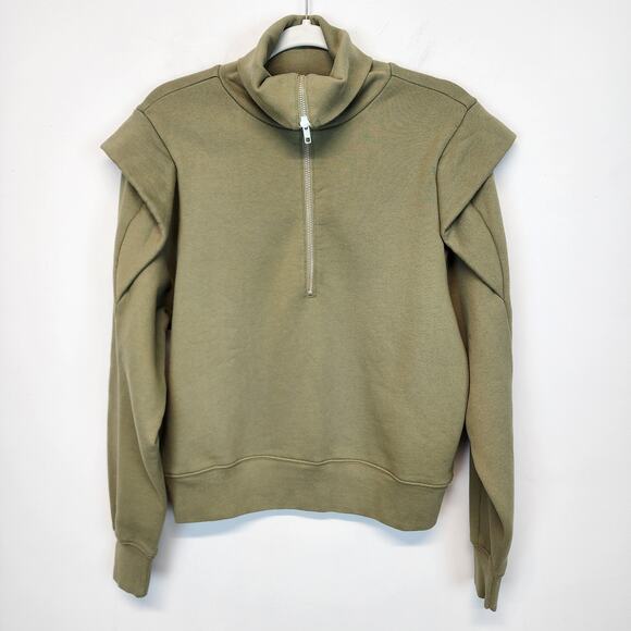 FRAME Green Ruffle Shoulder Sweatshirt 1/2 Zip Pullover Military Size Medium